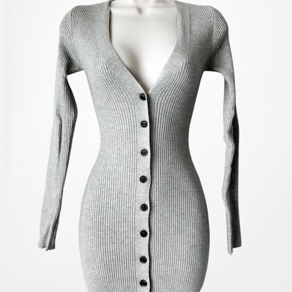 Fashion Nova Gray Ribbed Knit V-Neck Button Front Midi Bodycon Sweater Dress XS - Picture 4 of 6